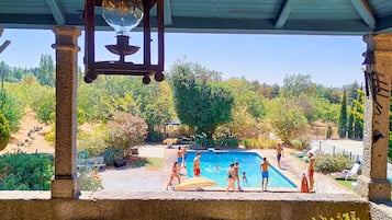 Seasonal outdoor pool, pool umbrellas, pool loungers