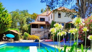 A pool area with a clear blue pool, surrounded by lush greenery and a large tree. - Lugar da Pedra Alta (Gouveia)