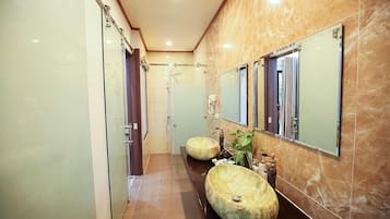 Hair dryer, slippers, towels