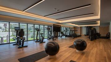 A modern gym with exercise equipment, large windows, and a wooden floor.