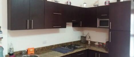 A kitchen with dark cabinets, a stainless steel sink, a gas stove, and a microwave.