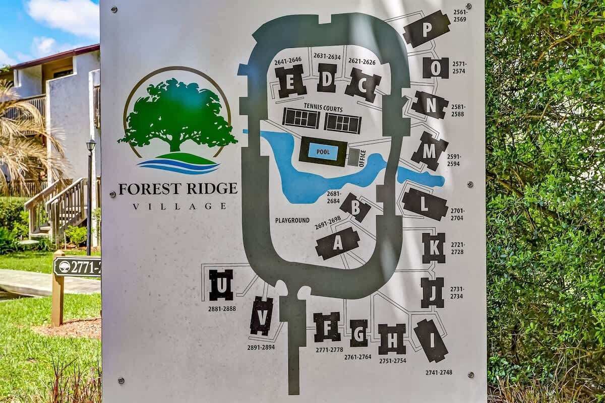 A map of Forest Ridge Village with labeled amenities such as tennis courts, a pool, and a playground.