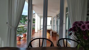 Vista desde un balcón con una mesa y sillas de madera, plantas en macetas y una barandilla.