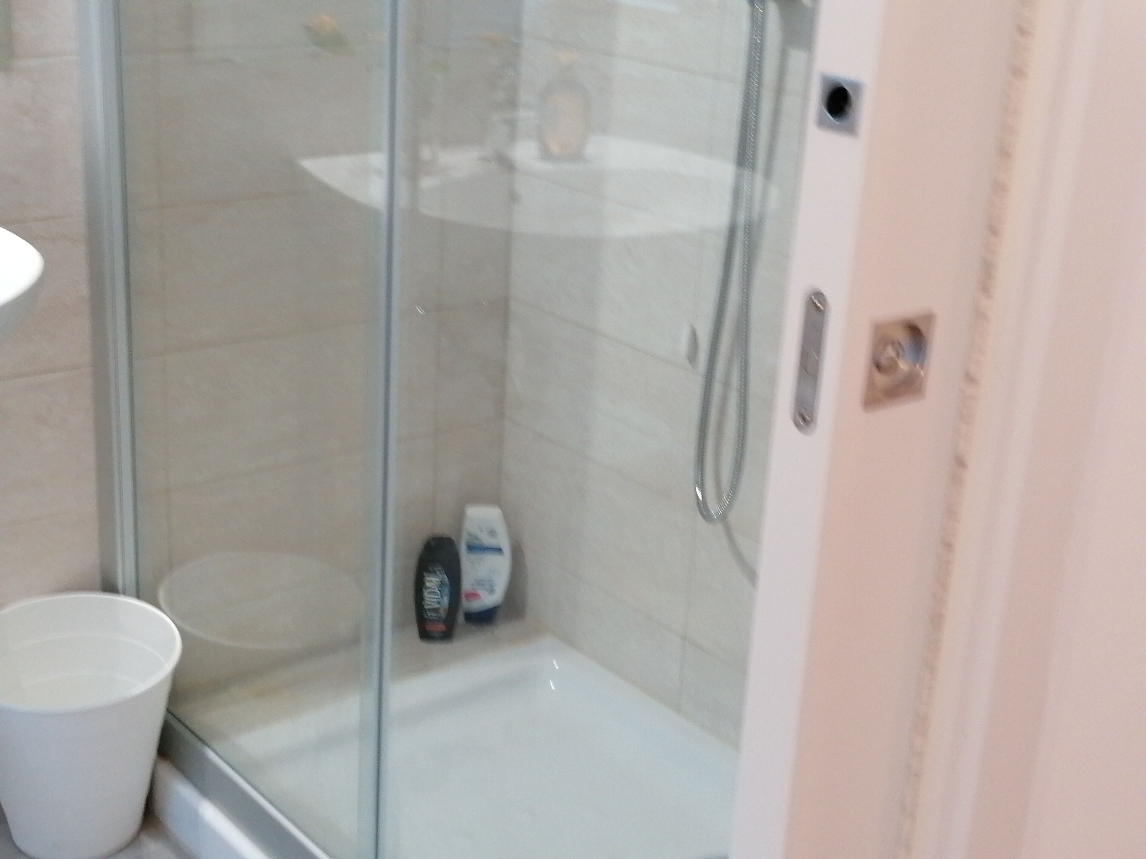 Un baño con ducha envuelta en vidrio, un lavamanos blanco y un inodoro blanco.