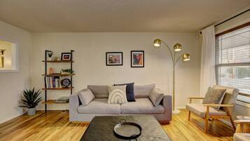 Smart TV, fireplace, books, offices