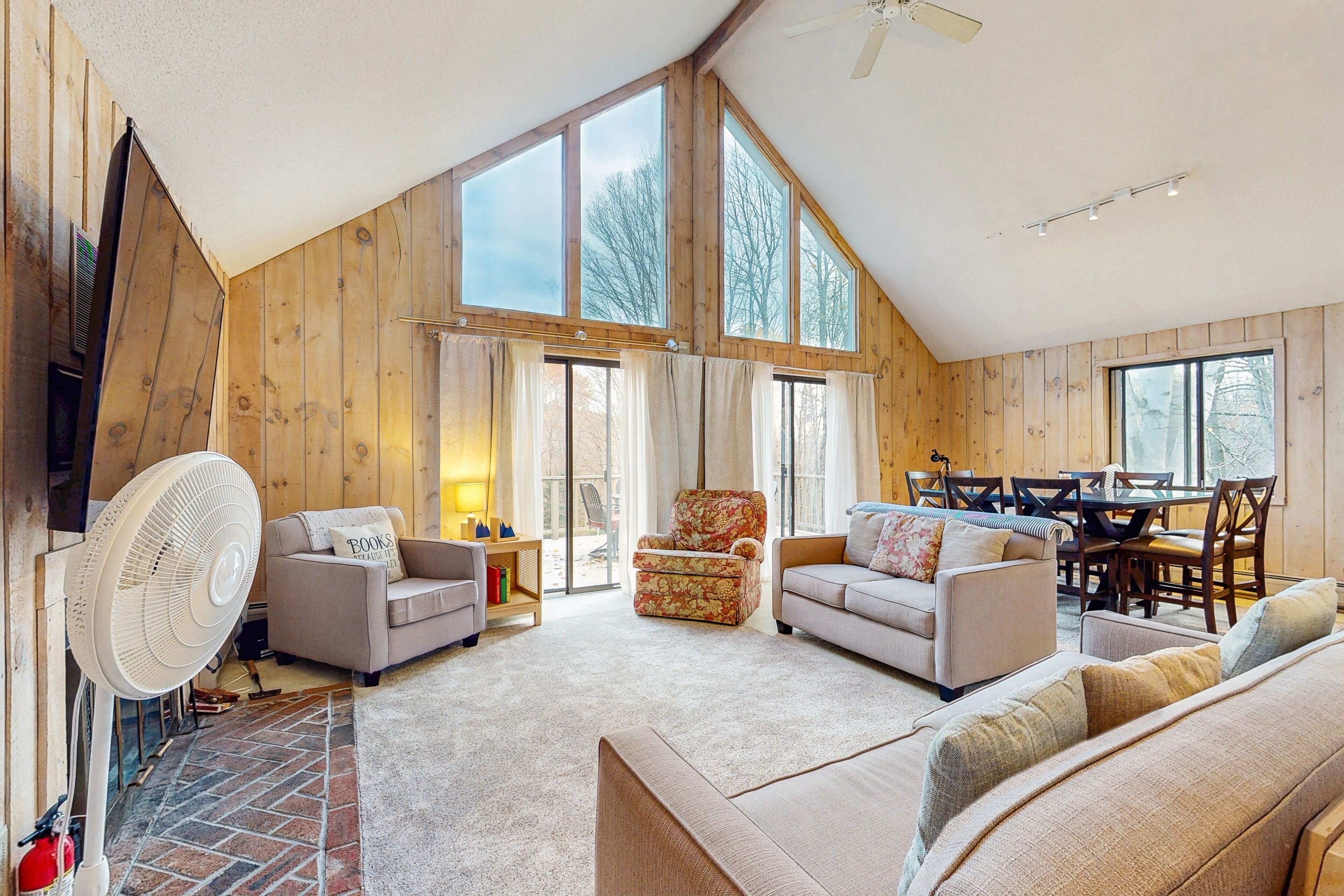 TV, fireplace, foosball