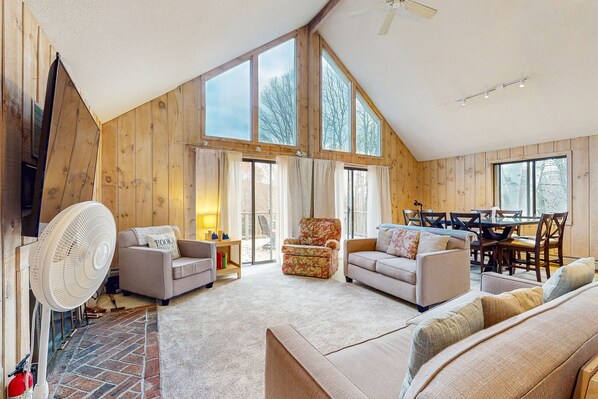 TV, fireplace, foosball