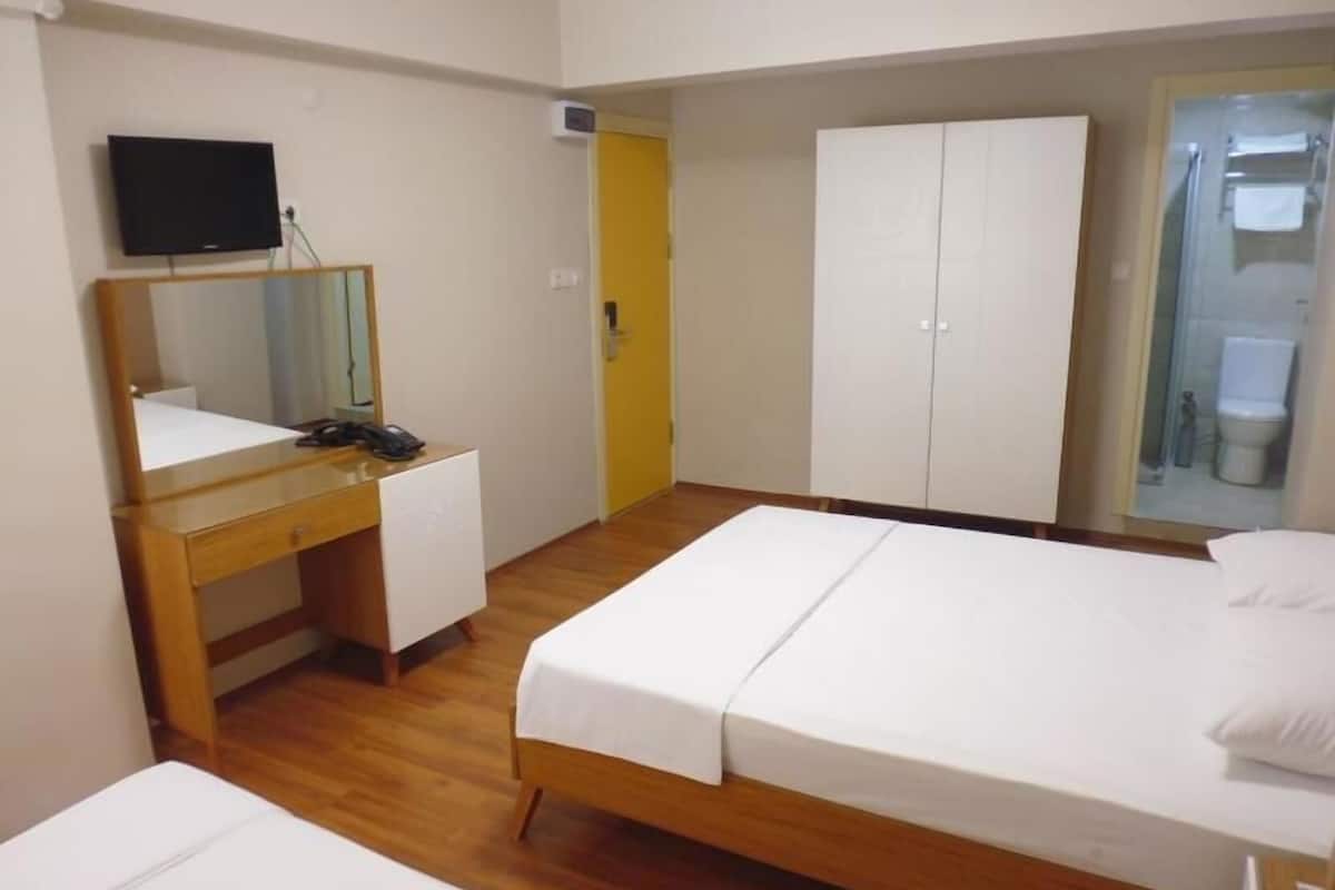 Habitación de hotel con cama, escritorio con silla, armario, televisor y baño visible a través de una puerta de cristal.