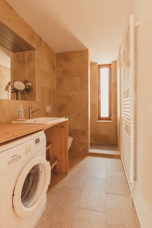 Regadera, secadora de cabello, jabón, papel de baño