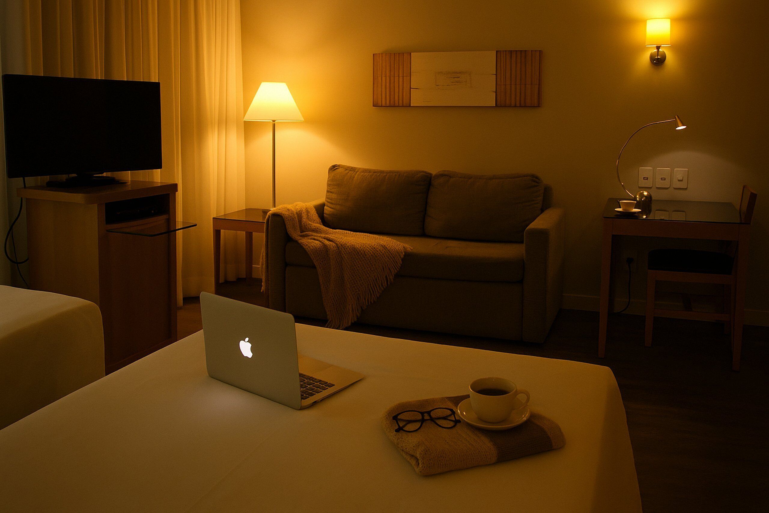 Ein Hotelzimmer mit einem Bett, einem Schreibtisch, einem Laptop, einer Kaffeetasse, Gläsern, einer Decke, einem Fernseher und einer Lampe.