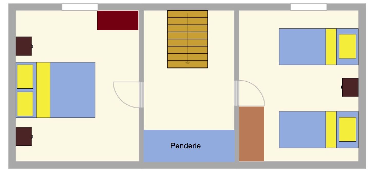 Un hôtel dont l’agencement comprend plusieurs chambres, un couloir central et un espace désigné, portant l’inscription « Penderie ».