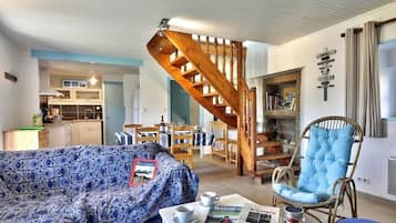 Télévision, cheminée, livres