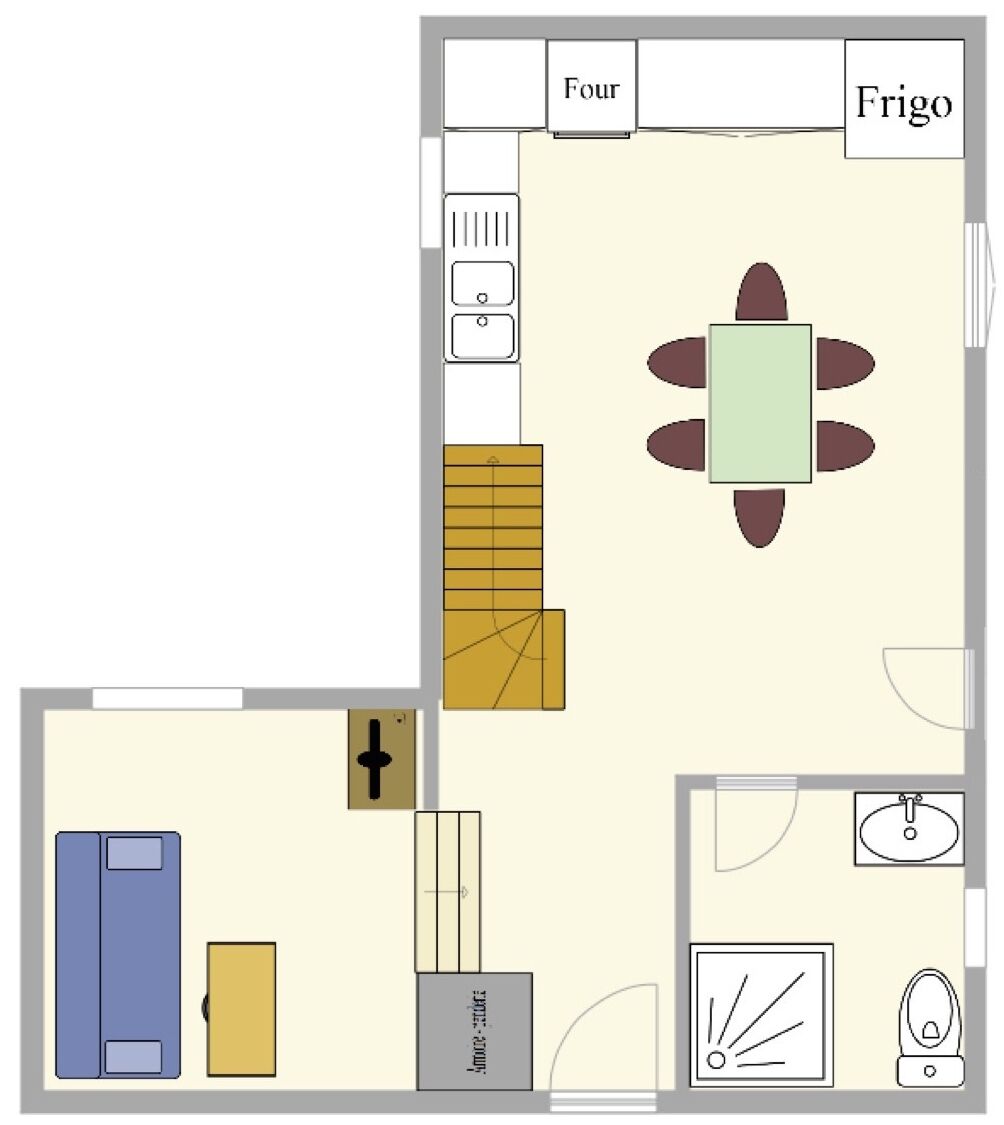 Plano de una habitación de hotel que incluye una cama, un baño pequeño, una zona de comedor con mesa y sillas, y una kitchenette.