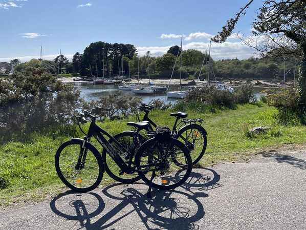 A bicycle parked on a paved path with a view of a lake and boats in the background.
