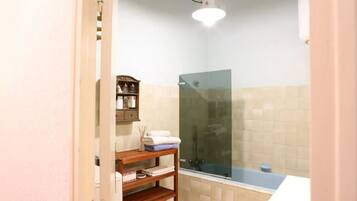 Hair dryer, towels, soap, shampoo