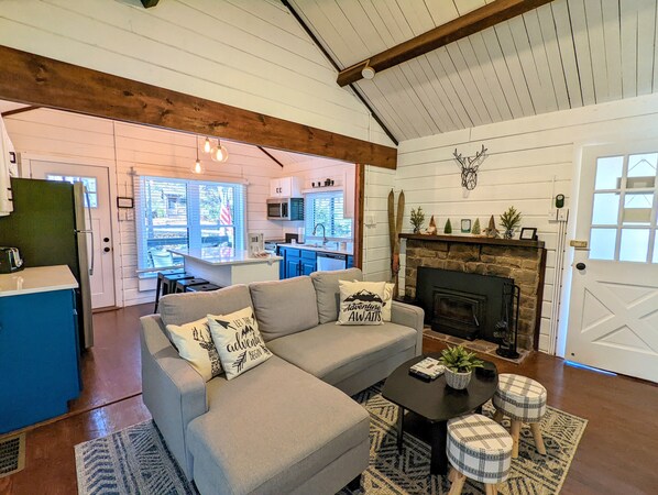 Smart TV, lareira, livros