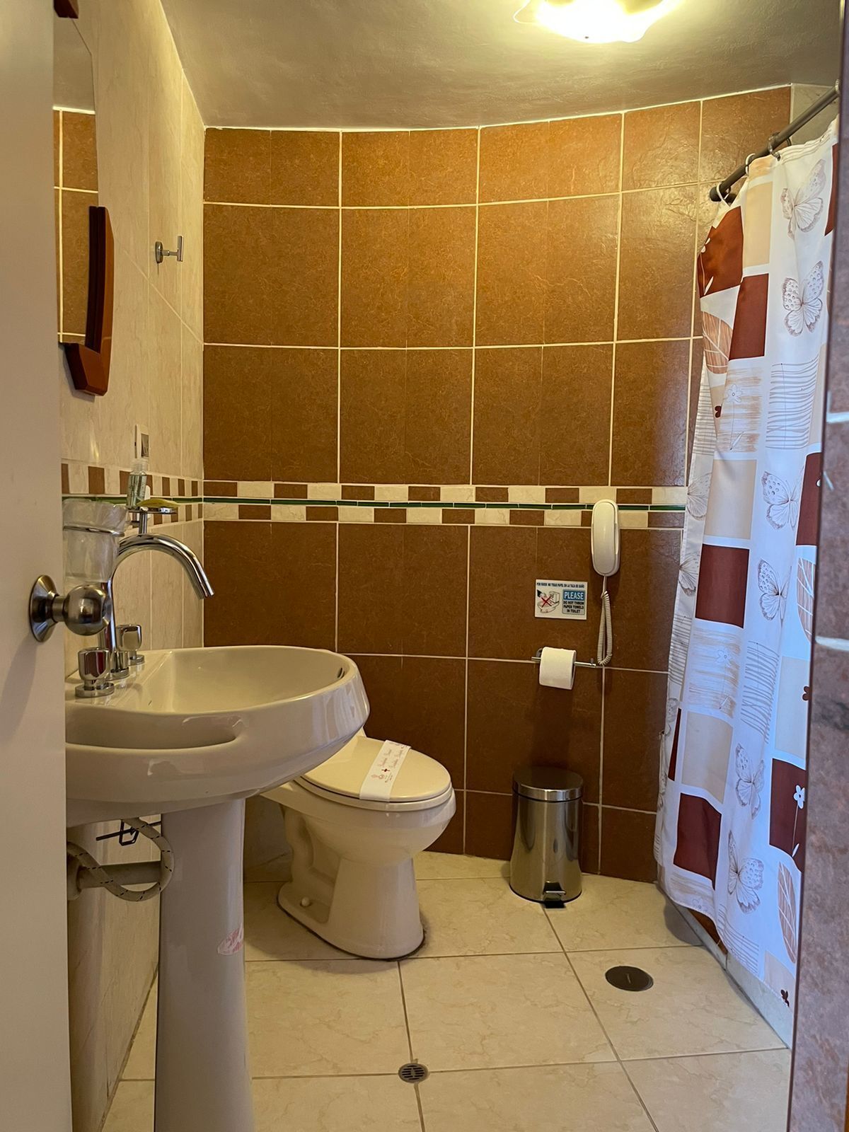 A bathroom with a sink, toilet, and shower curtain.