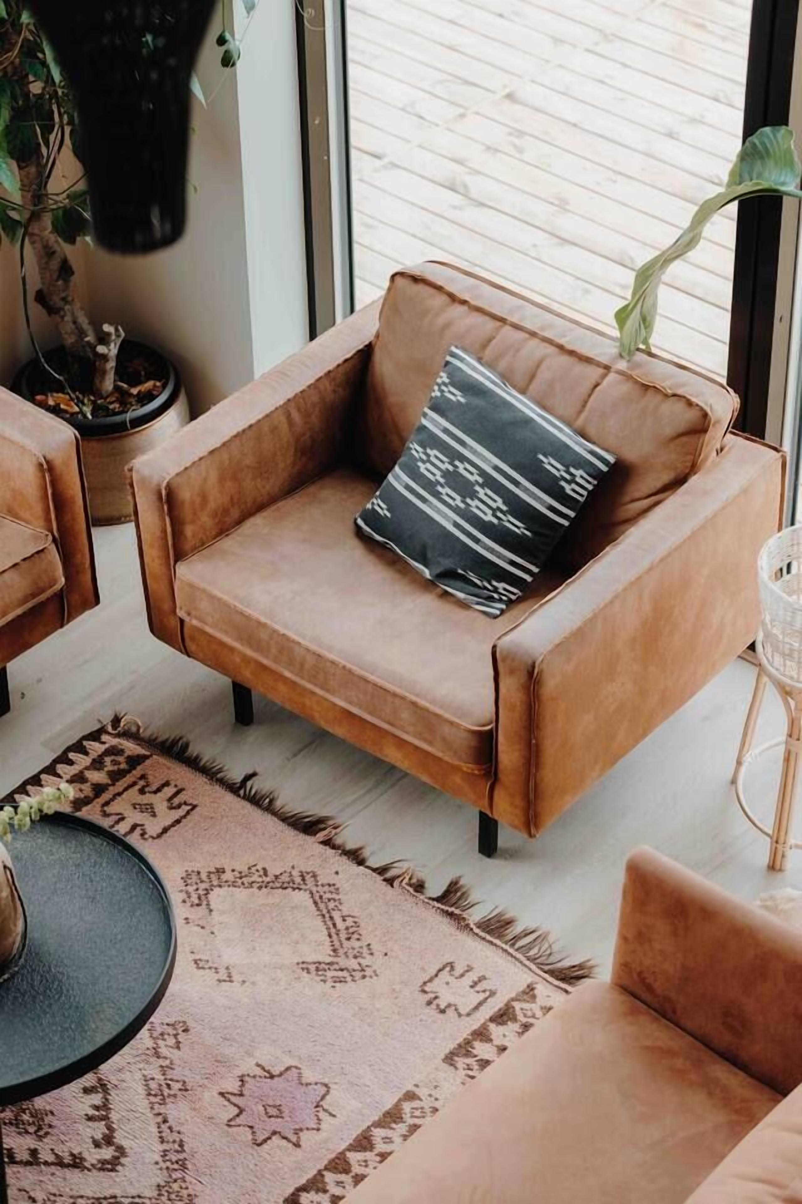 Un salon chaleureux avec un canapé en cuir marron, un tapis à motifs et une plante en pot.