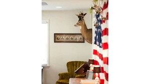 A room with a mounted deer head, a framed photo collage, a green armchair, and a table with a lamp and decorative items.