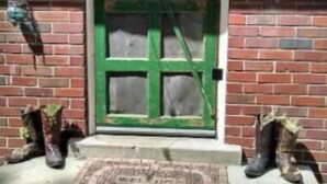 A brick house with a green door, a small porch, and a bird feeder on the left.