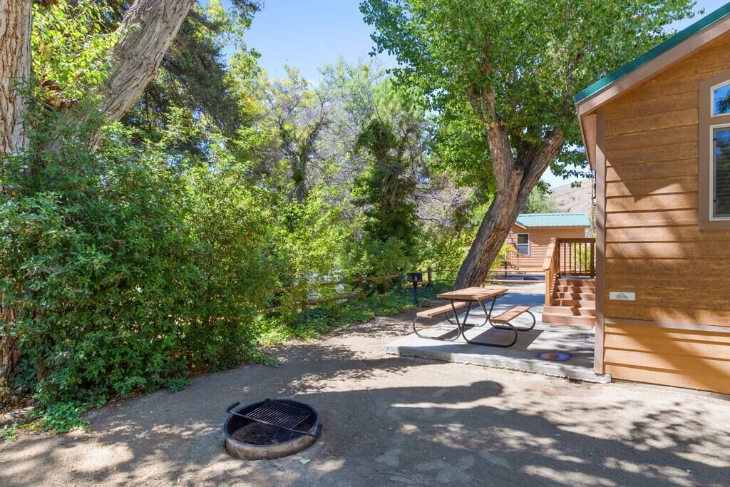 A wooden cabin with a picnic table and a fire pit in a wooded area.