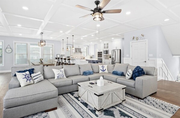 Smart TV, fireplace, foosball, books