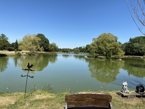 A calm river with a wooden dock, a fishing rod, and a statue of an owl. -  Holiday home with lake and grounds for families and groups. (L'Auvergneuse, Fenery)