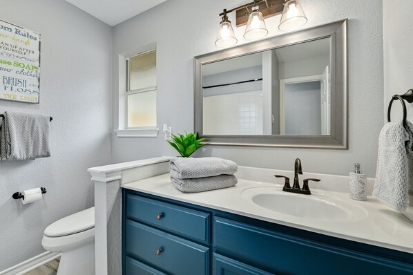 A bathroom with a white sink, blue cabinet, and a mirror above it. There is a plant on the counter and a towel hanging on the wall. - Cozy & Quiet in Georgetown Pet-friendly & Long Stays (Georgetown)