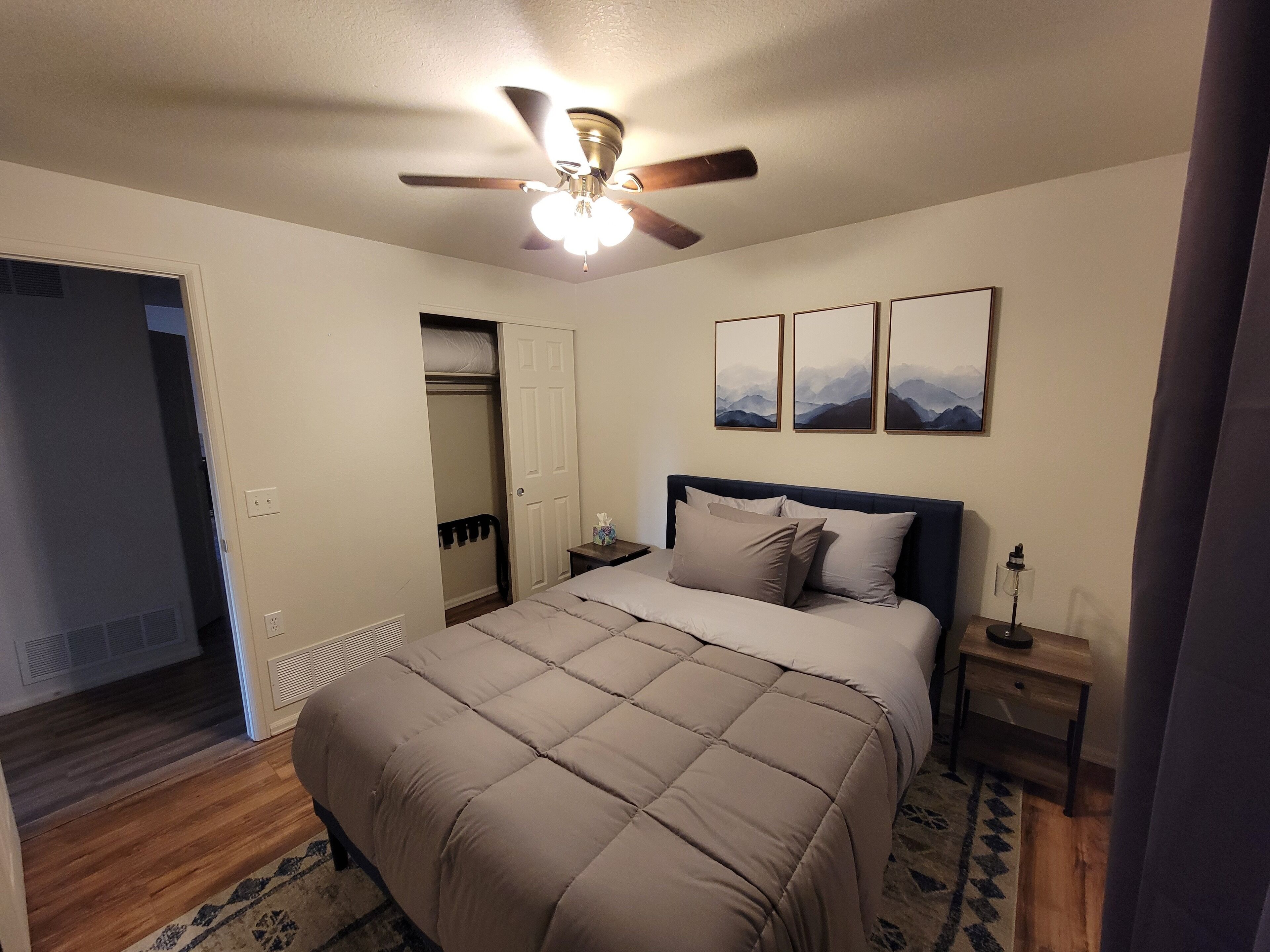 A bedroom with a bed, a ceiling fan, a nightstand, a lamp, and a closet.