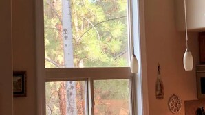 Une pièce dotée d’une grande fenêtre donnant sur un arbre à l’extérieur.