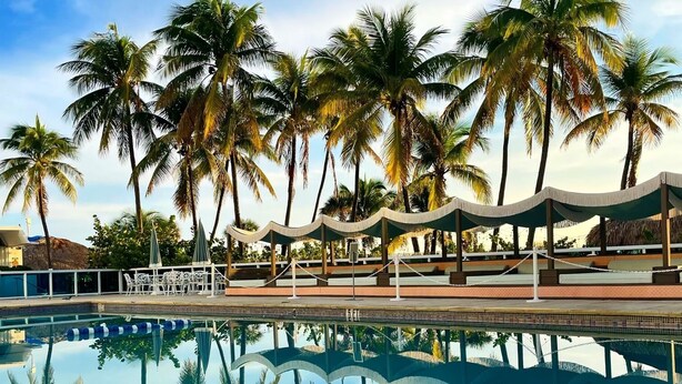 Un área de piscina con palmeras, sillas de descanso y una zona de estar cubierta.