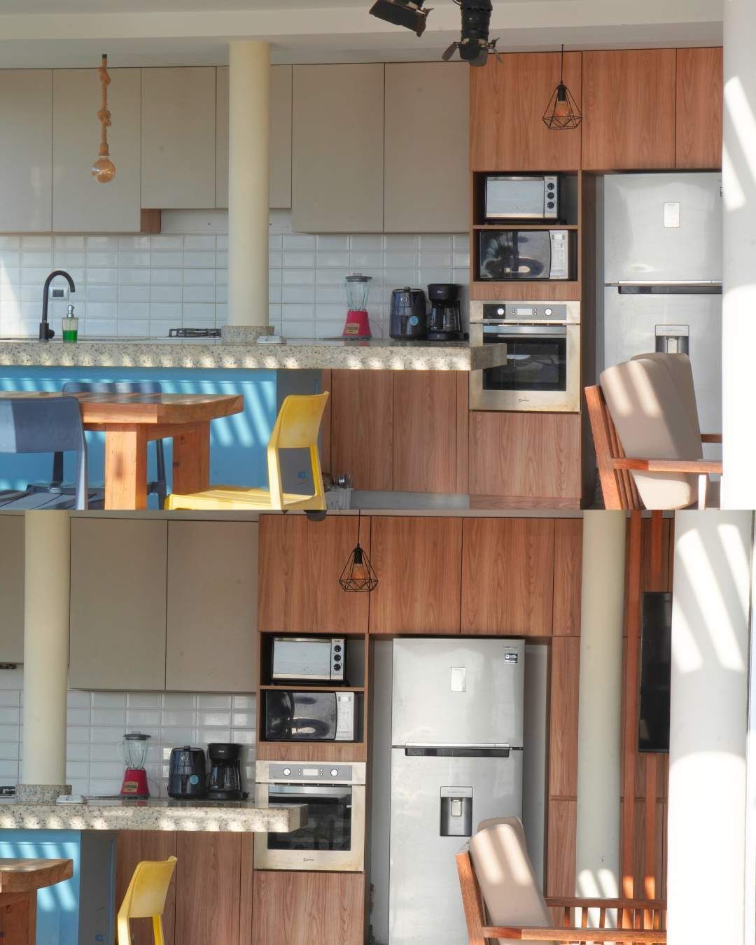 Eine moderne Küche mit Holzausstattung, Backofen, Mikrowelle und Kaffeemaschine. Ein Essbereich mit Tisch und Stühlen ist ebenfalls vorhanden.
