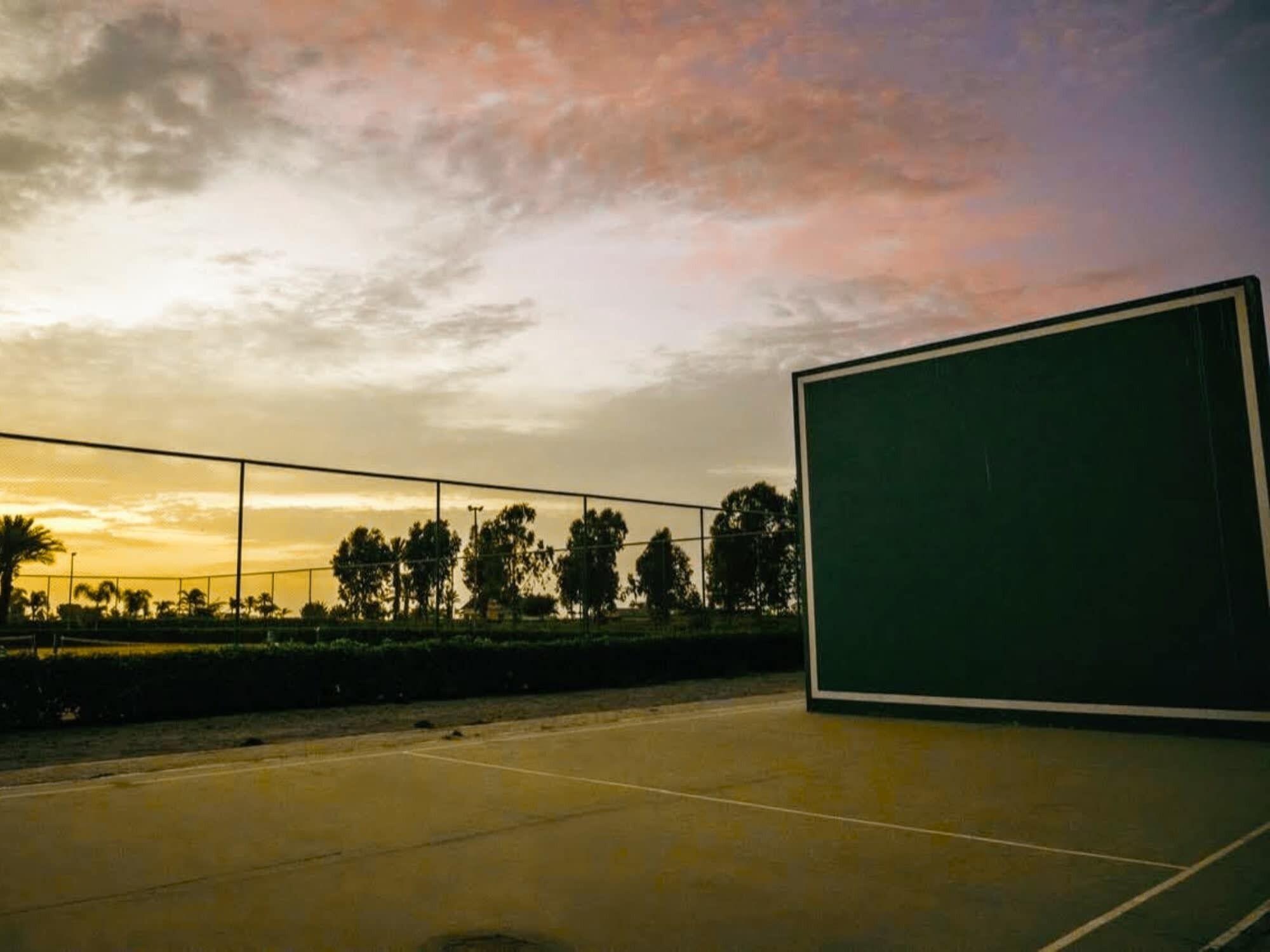 Camp de tennis amb una xarxa verda, envoltat per una tanca i arbres.