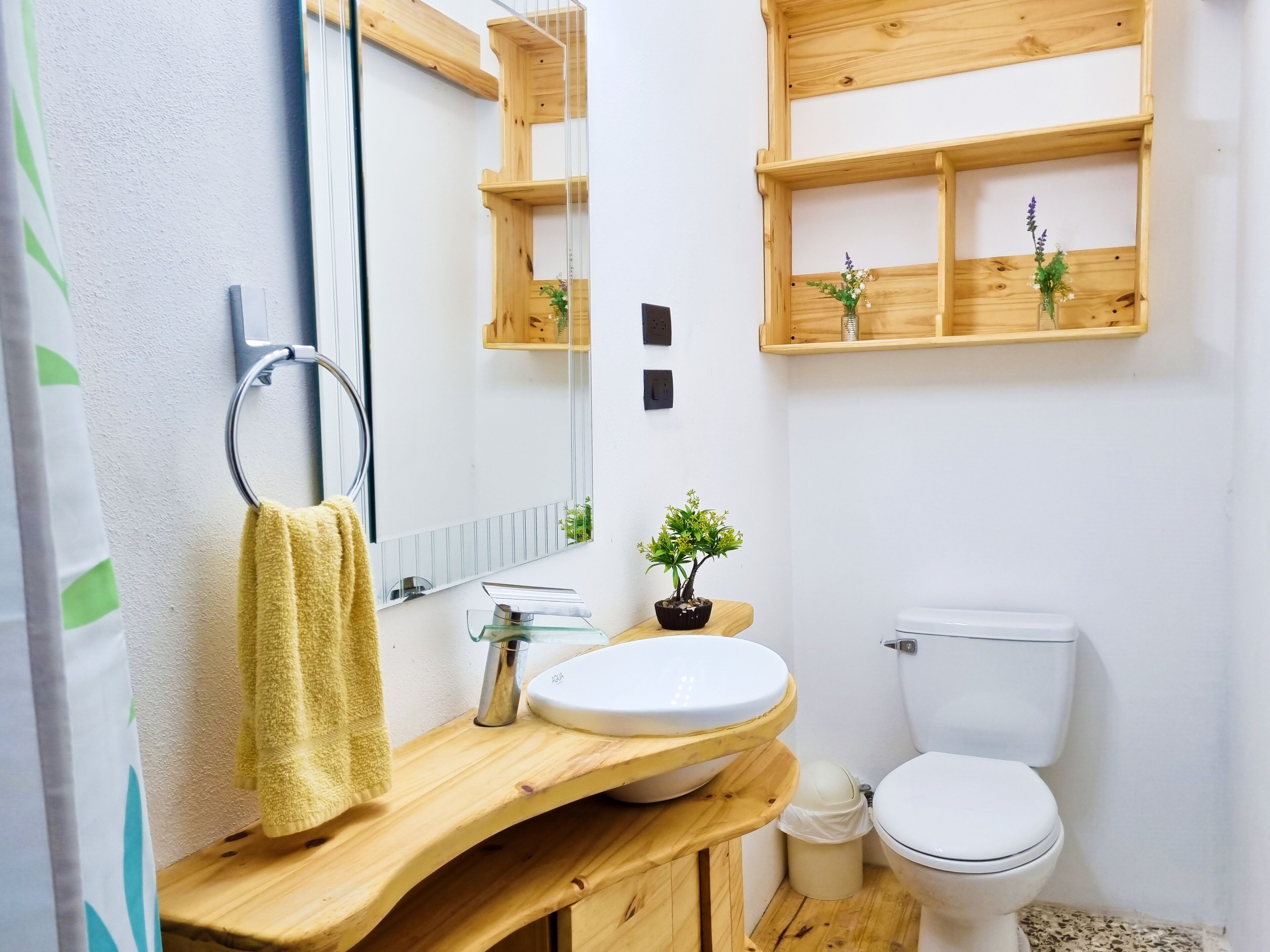A modern bathroom with a wooden vanity, a white sink, a toilet, and wooden shelves with plants.