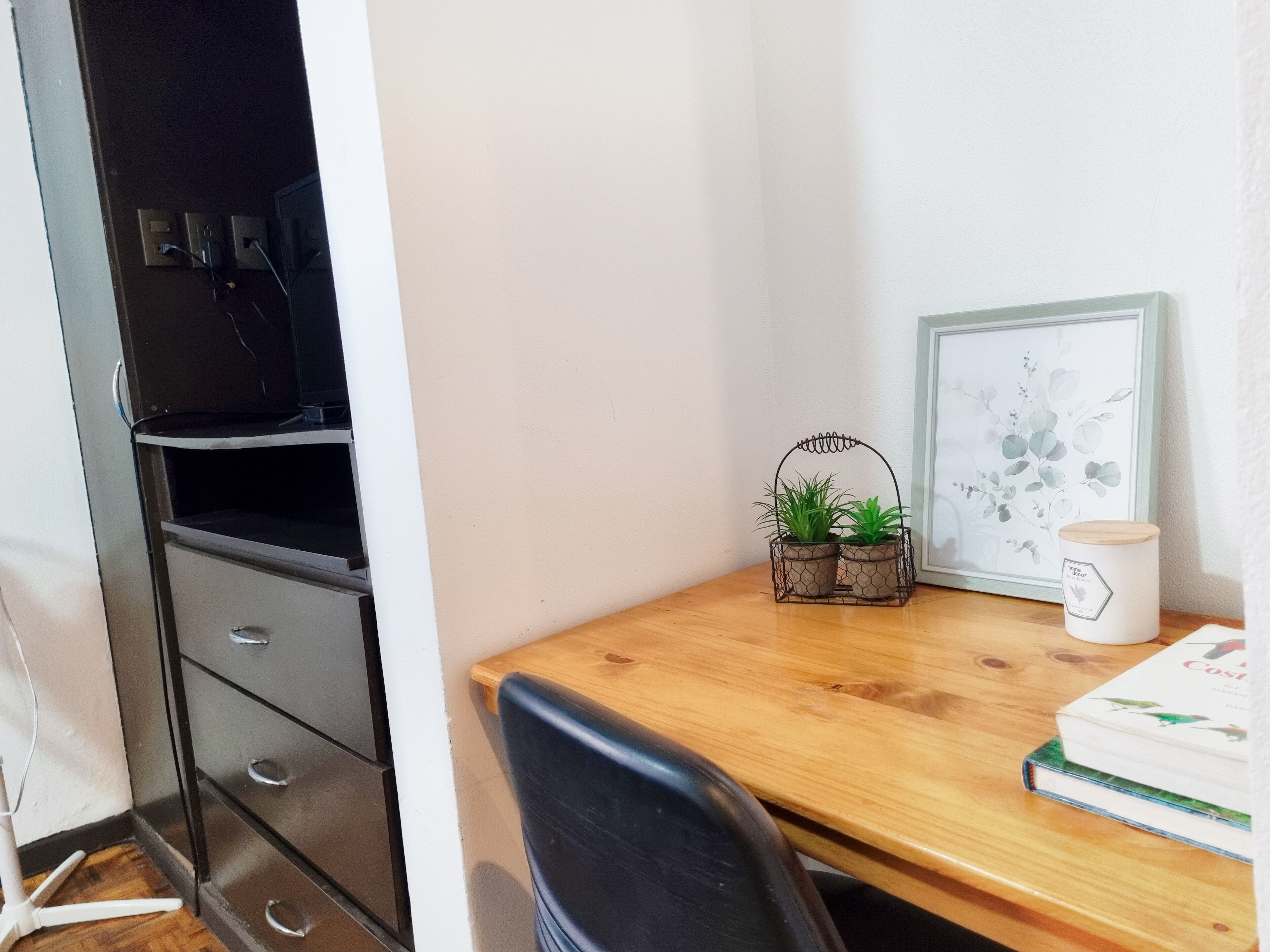 Un rincón de una habitación con un escritorio de madera, una silla negra, una maceta pequeña con planta, un cuadro enmarcado y una taza blanca.