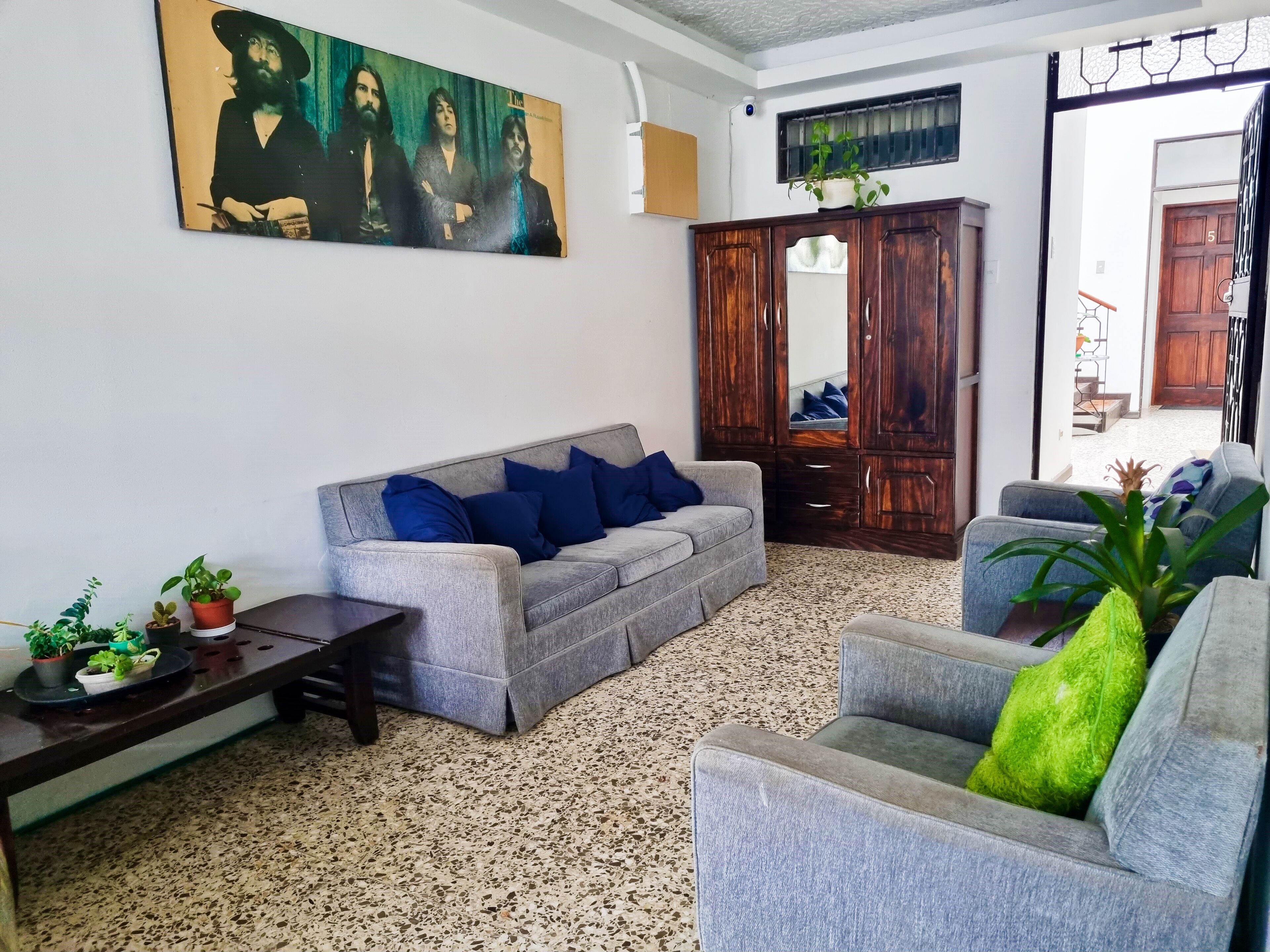 Een woonkamer met een grijze bank, een houten kast en een salontafel met planten.