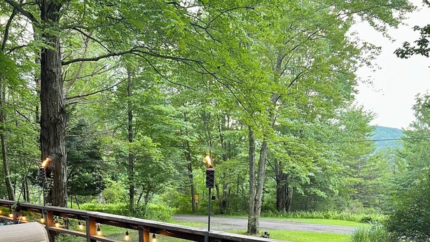 Una terraza al aire libre con asientos y una mesa, rodeada de árboles y vistas a una carretera.