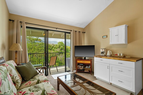 Télévision à écran plat, vidéothèque, chaîne hi-fi