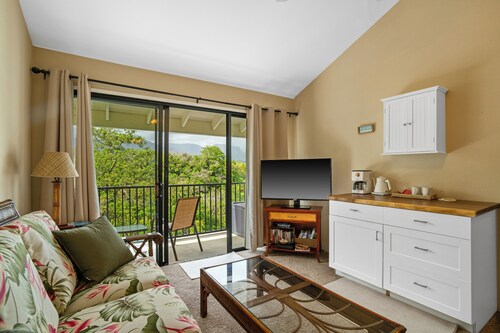 Studio with AC, lanai, and mountain views. Steps from the ocean with beach gear!