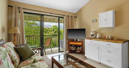 Studio with AC, lanai, and mountain views. Steps from the ocean with beach gear!