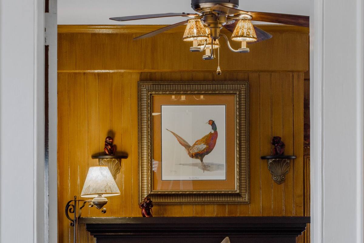 A room with a wooden paneled wall, a framed bird illustration, a fireplace, a bed with a white cover, a lamp, and a ceiling fan.