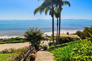 On the beach, sun loungers
