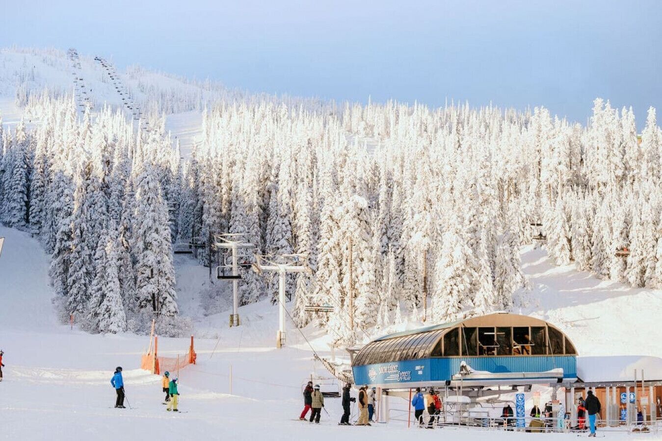 A ski resort with a covered building, ski lifts, and snow-covered trees.