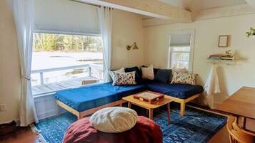 TV connectée, cheminée, livres, chaîne hi-fi