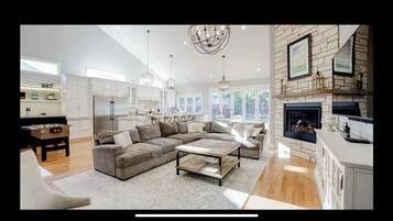 Smart TV, fireplace, DVD player, foosball