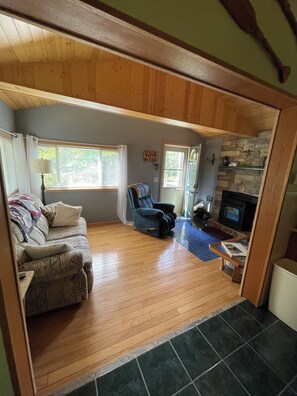 TV, fireplace, DVD player, books