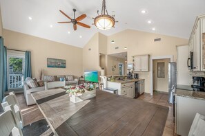 Fridge, microwave, dishwasher, cookware/dishes/utensils