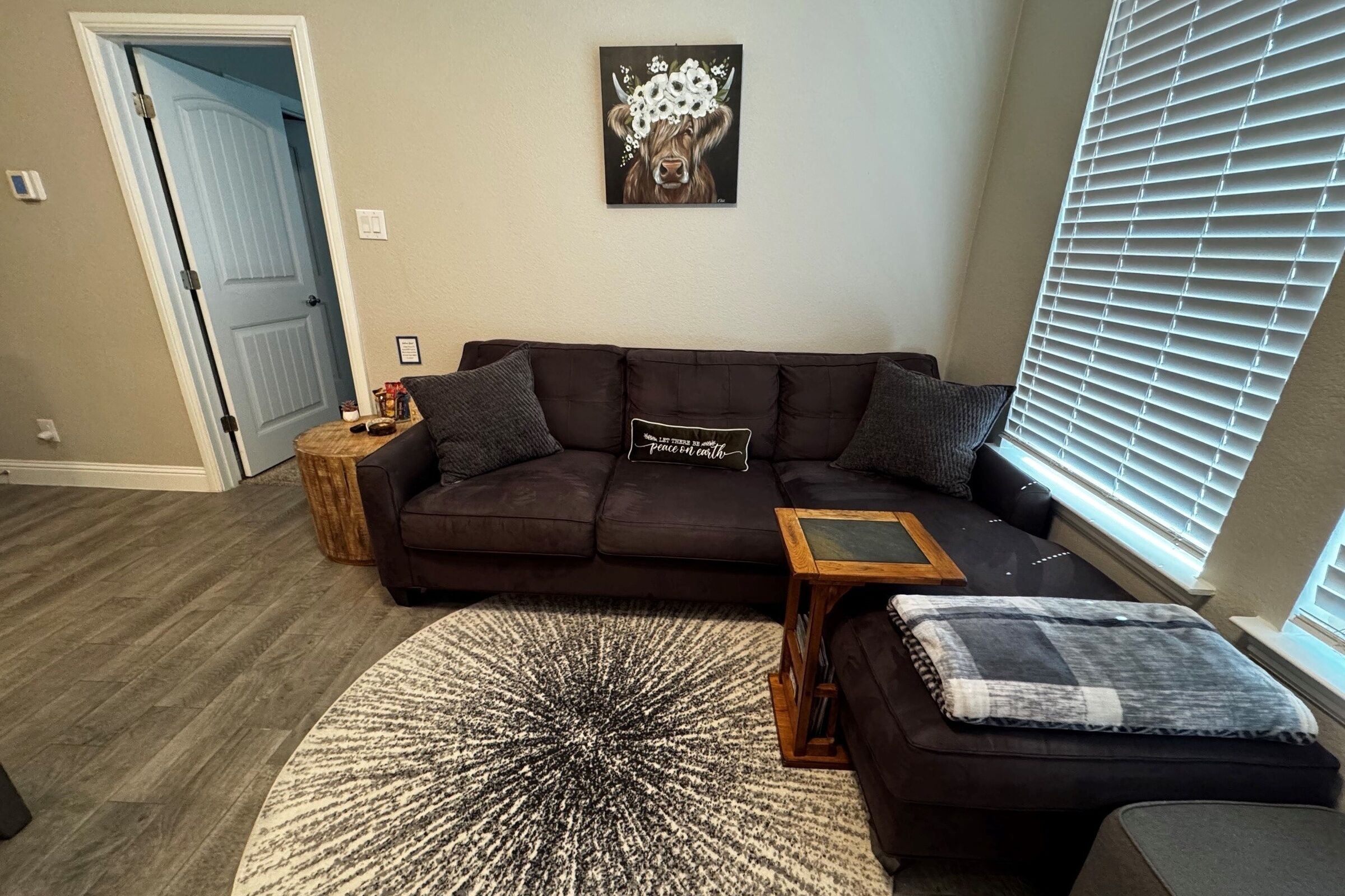A living room with a dark brown sofa, a round rug, and a small wooden side table.
