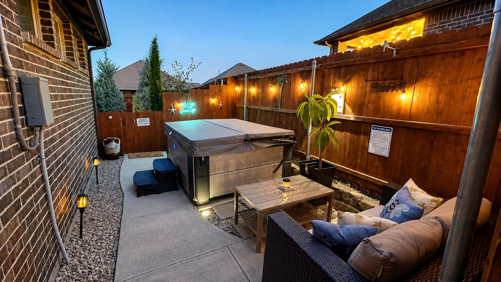 Your private hot tub area.  Soak in the bubbles under the stars and cafe lights