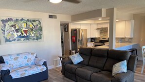 Ein Wohnzimmer mit einem dunkelbraunen Sofa und einem blau gemusterten Sofa, Holzboden und einer Küche im Hintergrund.
